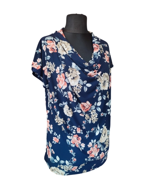 Bluzka z lejącym dekoltem typu woda - pomarańczowe i beżowe kwiaty